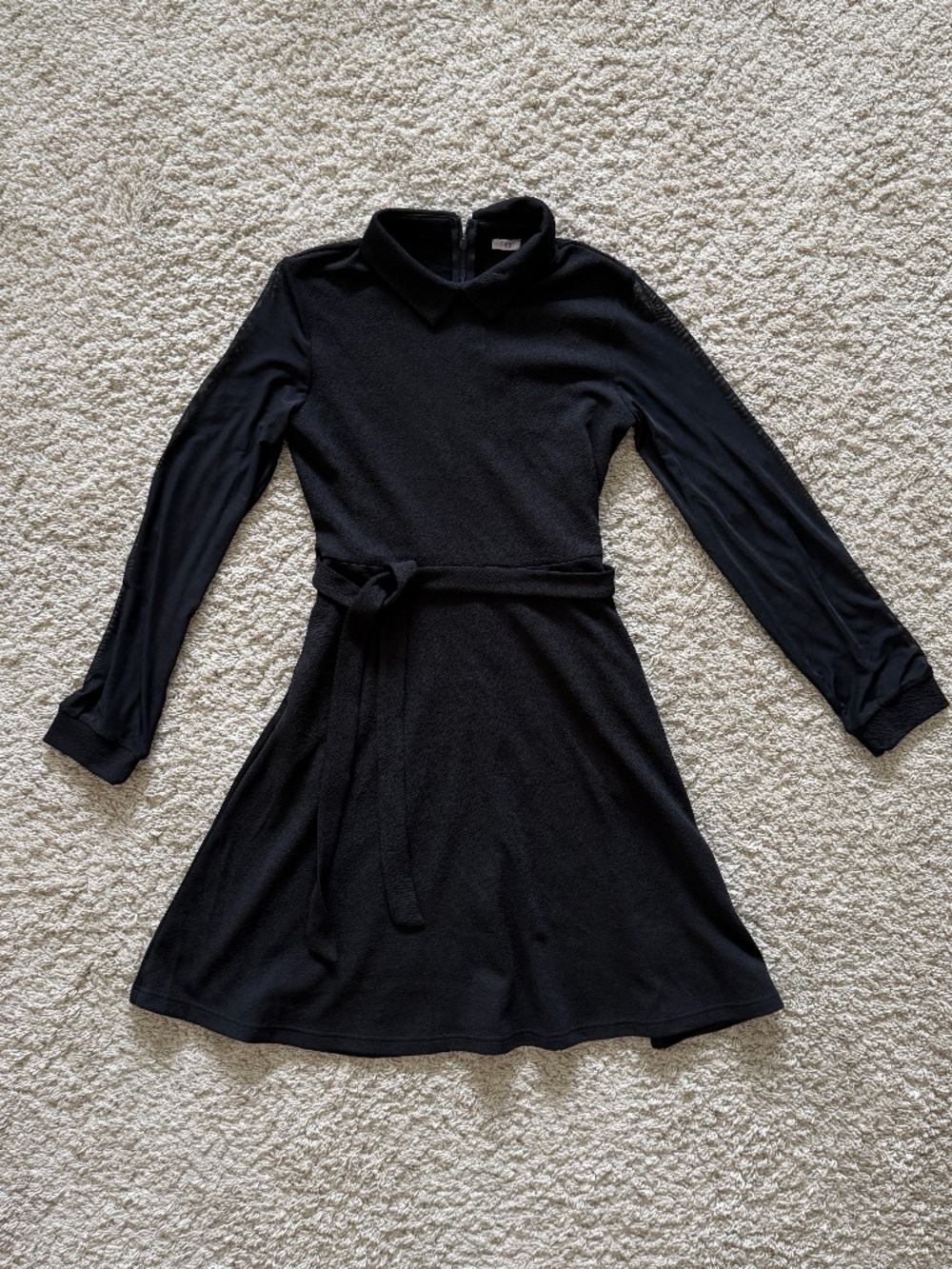 Girls Black Long Sleeve Fit & Flare Dress with Mesh Sleeves & Belt Size 14Y